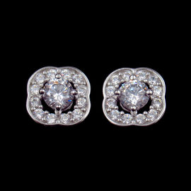 Pave Diamond Square Shaped Sterling Silver Stud Earrings For Girls / Silver Wedding Earrings